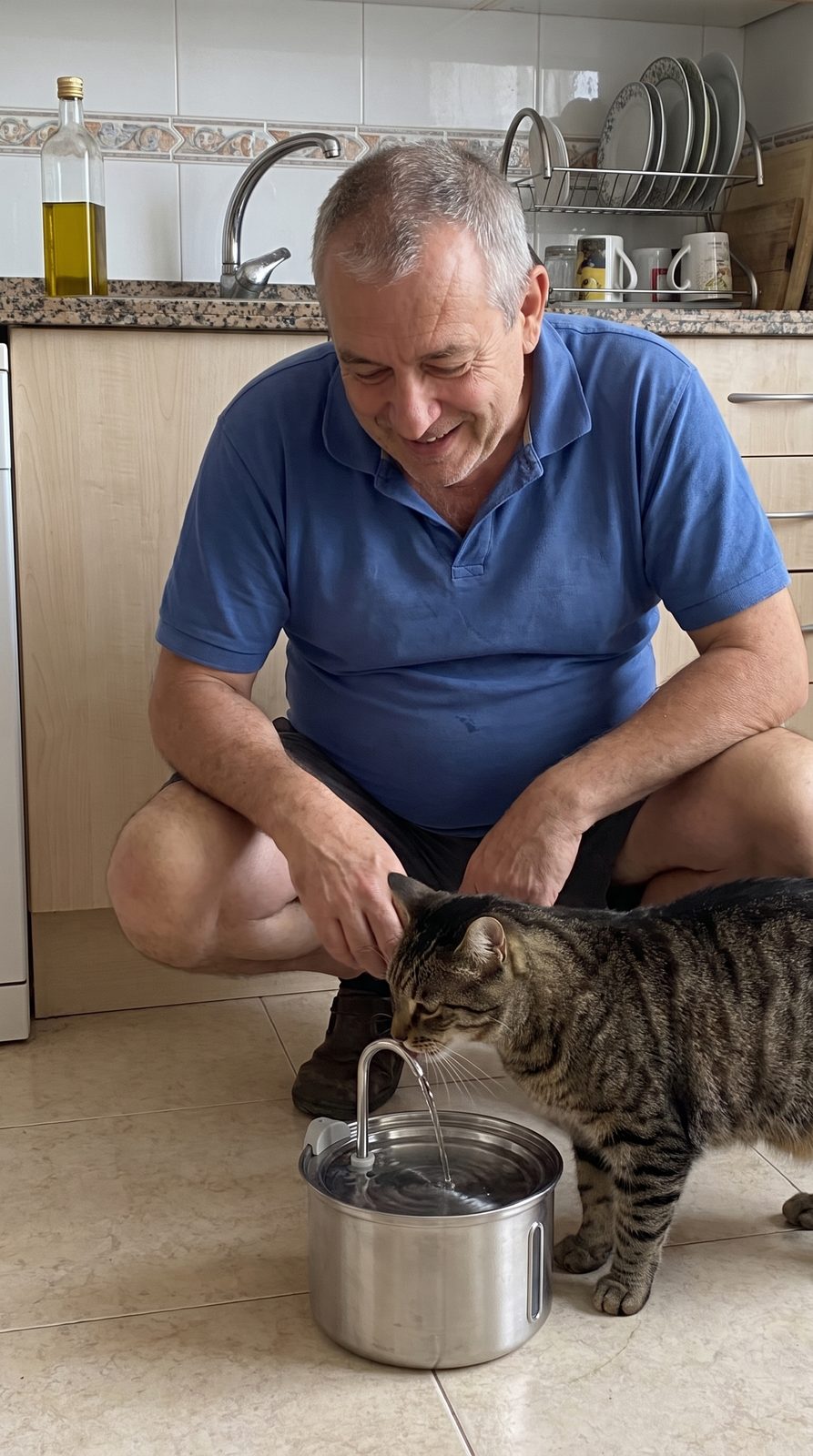 Gato bebiendo de la fuente Aquora en la cocina
