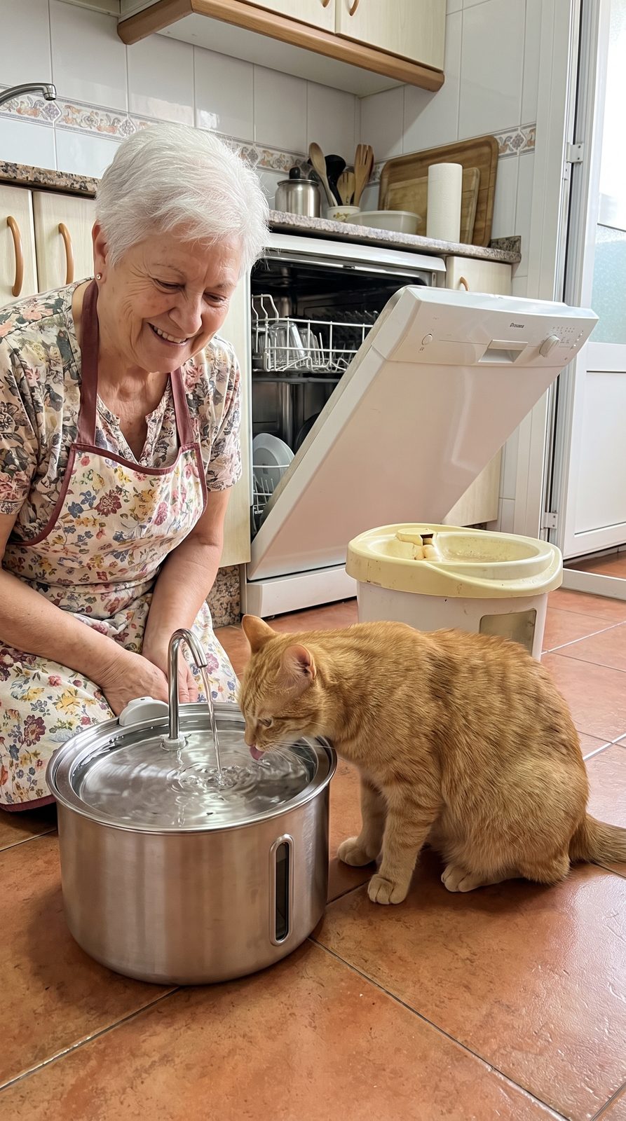 Gato bebiendo de la fuente Aquora junto al lavavajillas