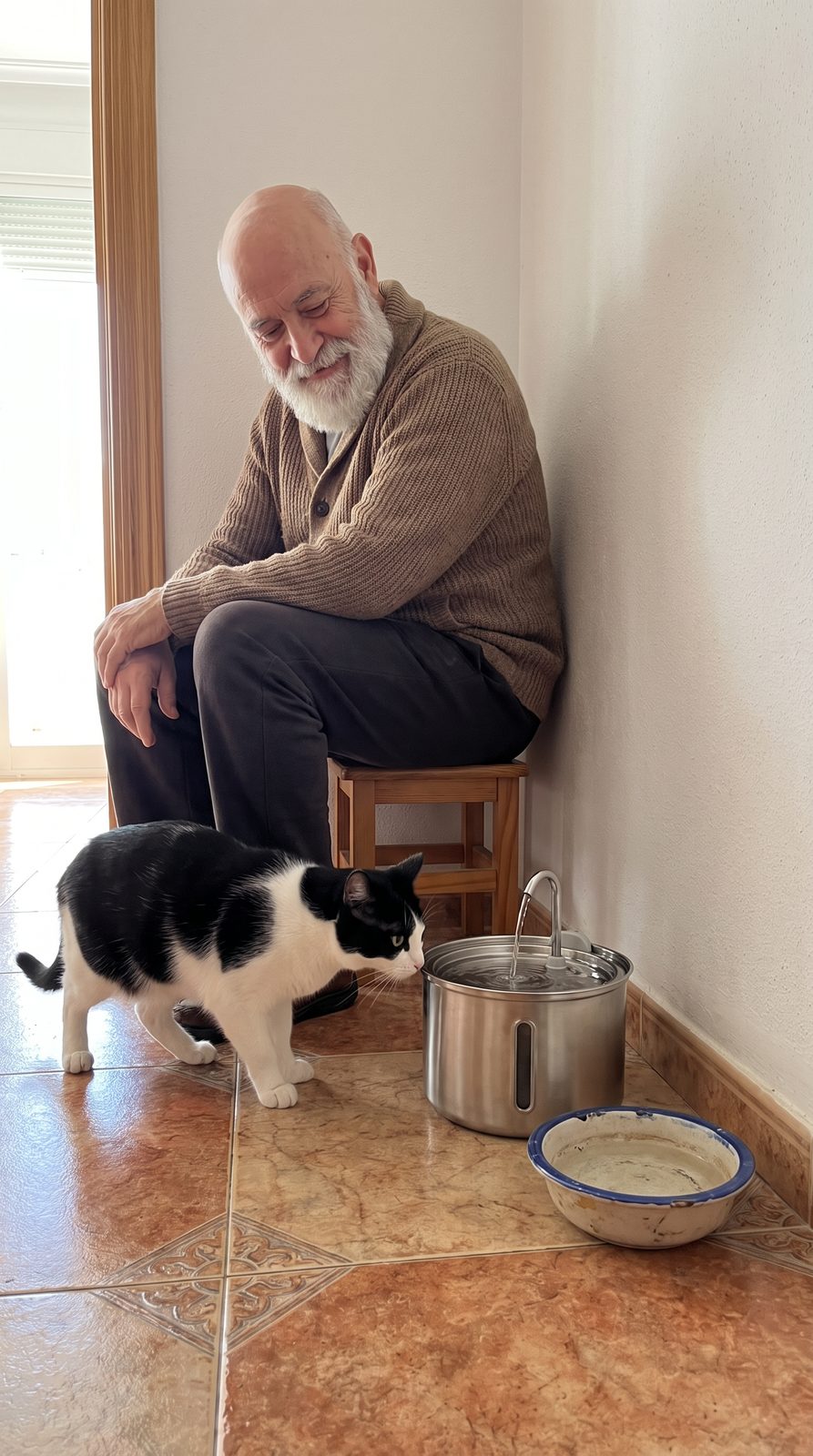 Gato tímido acercándose a la fuente Aquora