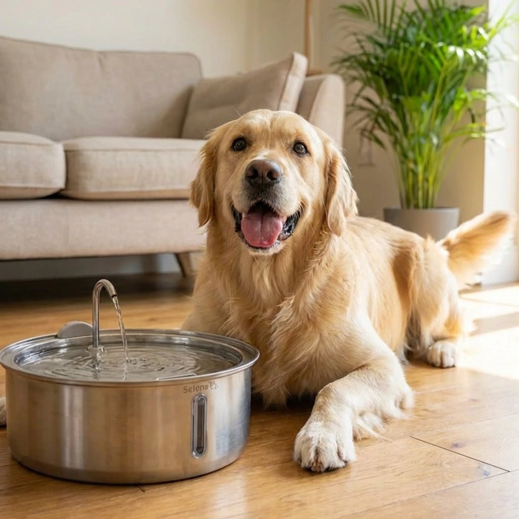 Golden retriever junto a la fuente Aquora en el salón