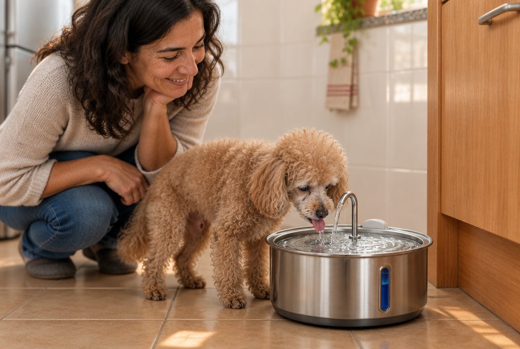 Coco bebiendo de la fuente Aquora en la cocina