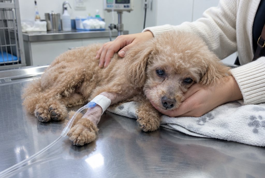 Coco en la clínica veterinaria, con suero