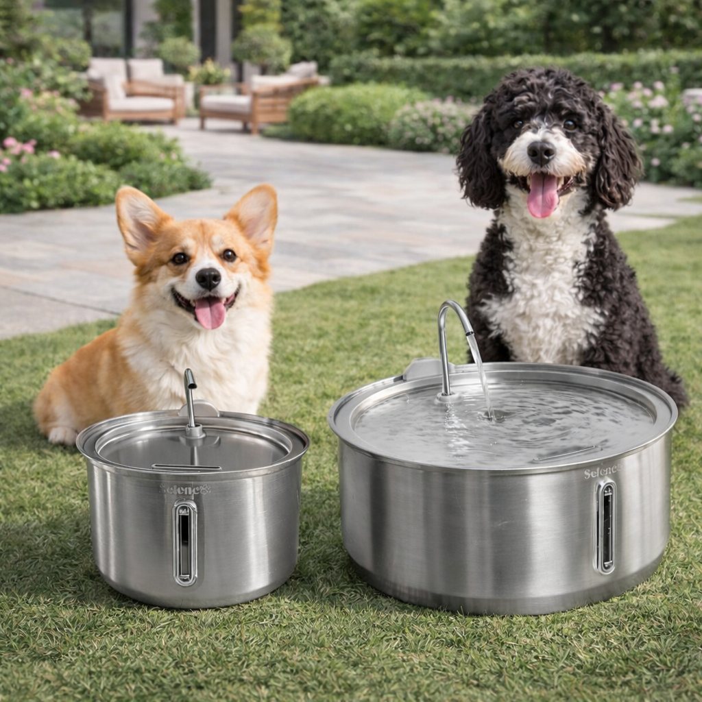 Perros disfrutando de sus fuentes Aquora en el jardín