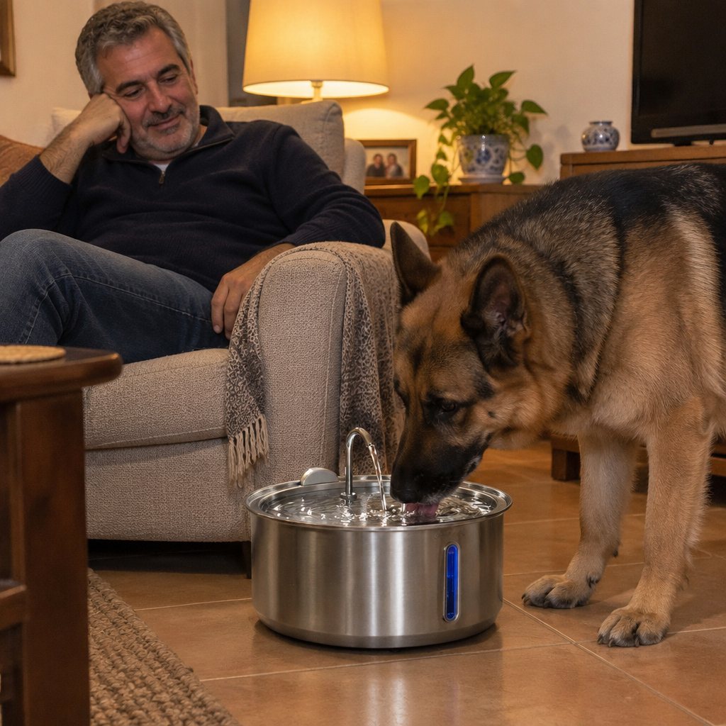 José Luis con su pastor alemán Rocky y la fuente Aquora