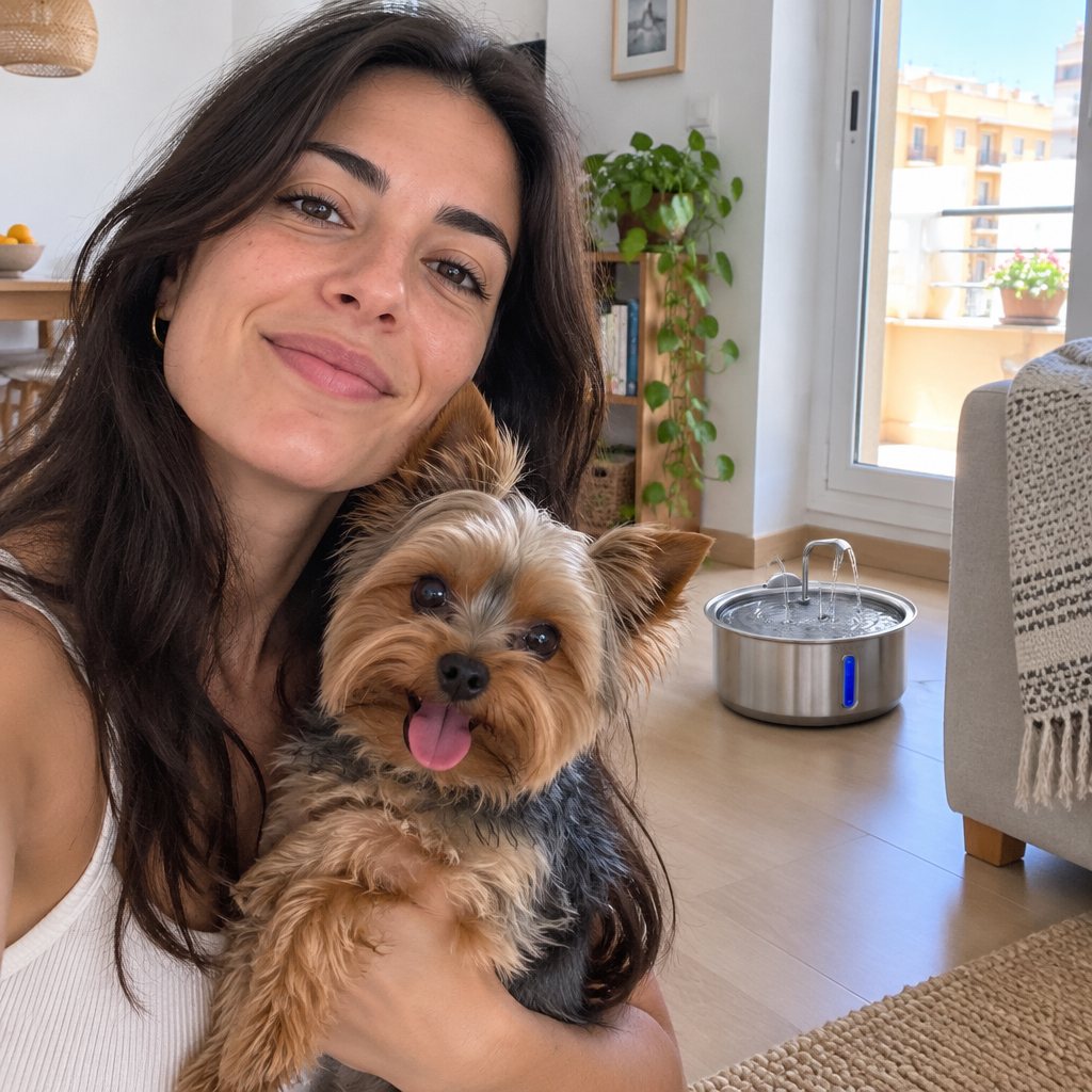 Lucía con su yorkshire Nilo y la fuente Aquora