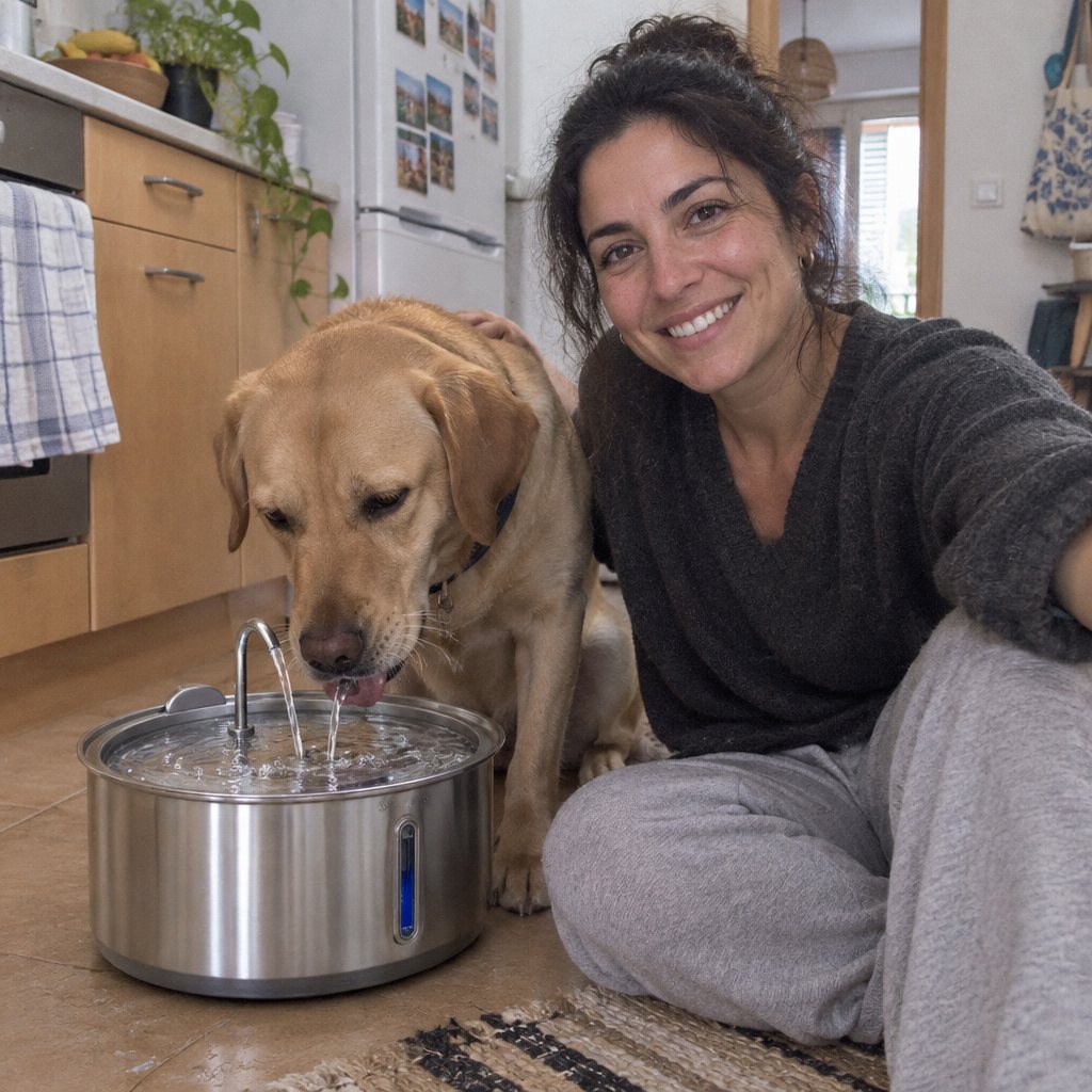 Marta con su labradora Trufa y la fuente Aquora